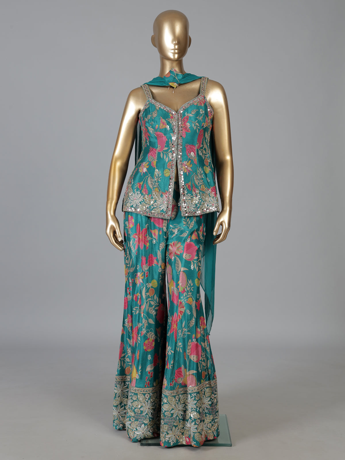 Firozi blue printed silk palazzo suit with dupatta