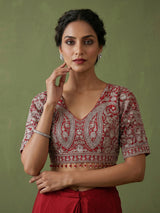 Maroon tissue silk designer saree with elegant embellishments