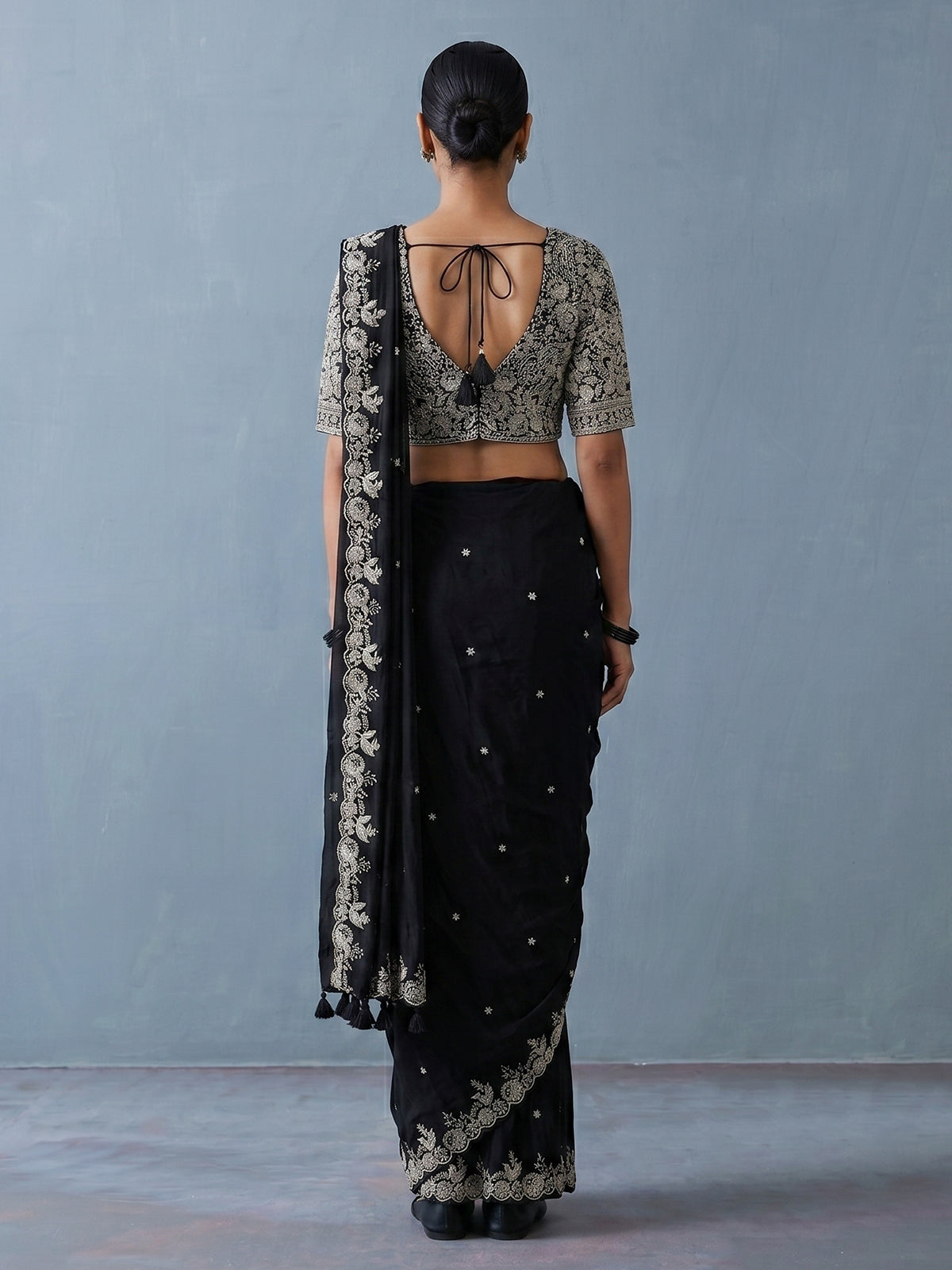 Black tissue silk designer saree with elegant embellishments