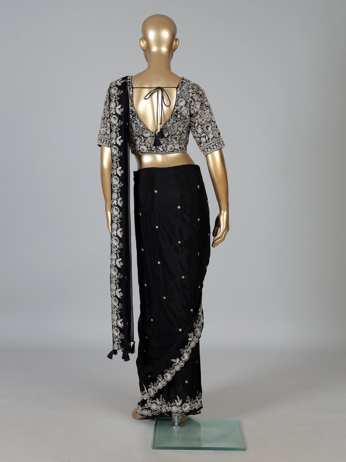 Black tissue silk designer saree with elegant embellishments