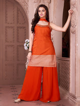 Orange cotton silk embroidered palazzo set with dupatta