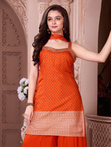 Orange cotton silk embroidered palazzo set with dupatta