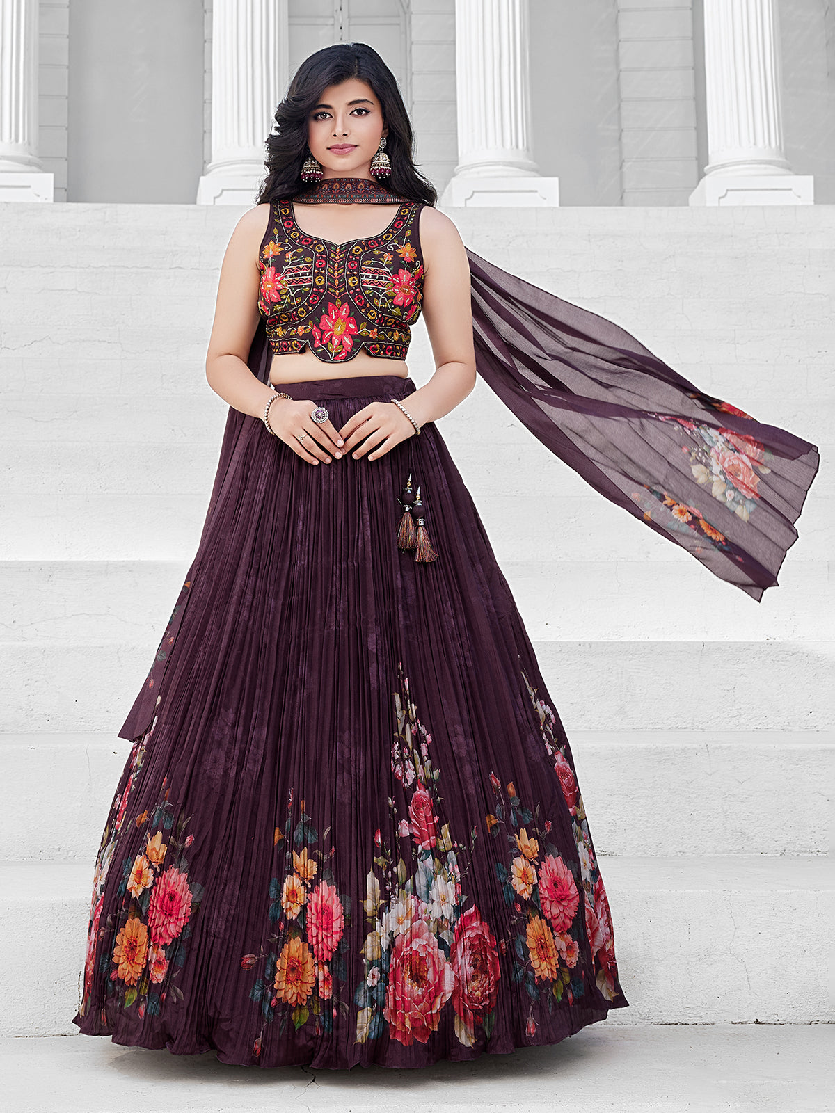 Wine embellished georgette silk lehenga choli