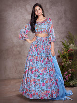 Blue floral printed georgette silk lehenga choli