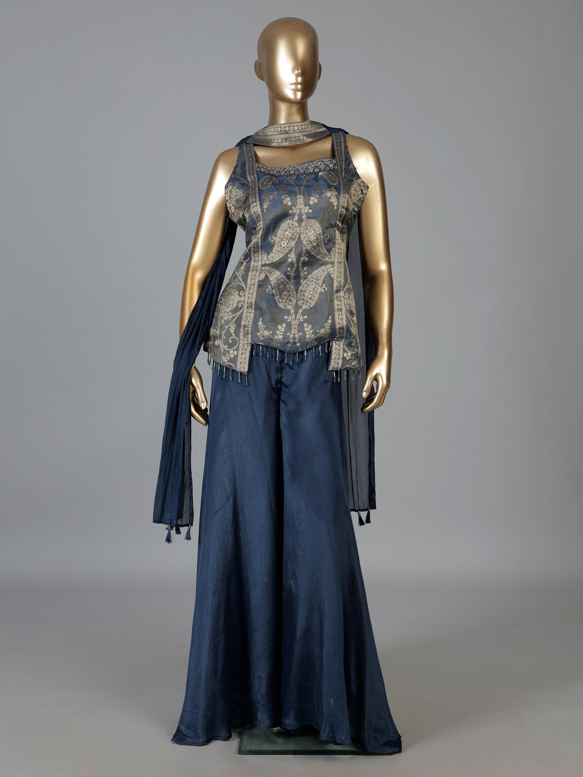 Pastel blue silk embellished palazzo suit with dupatta