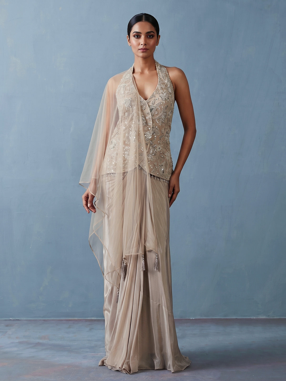 Beige satin silk indowestern designer suit with dupatta