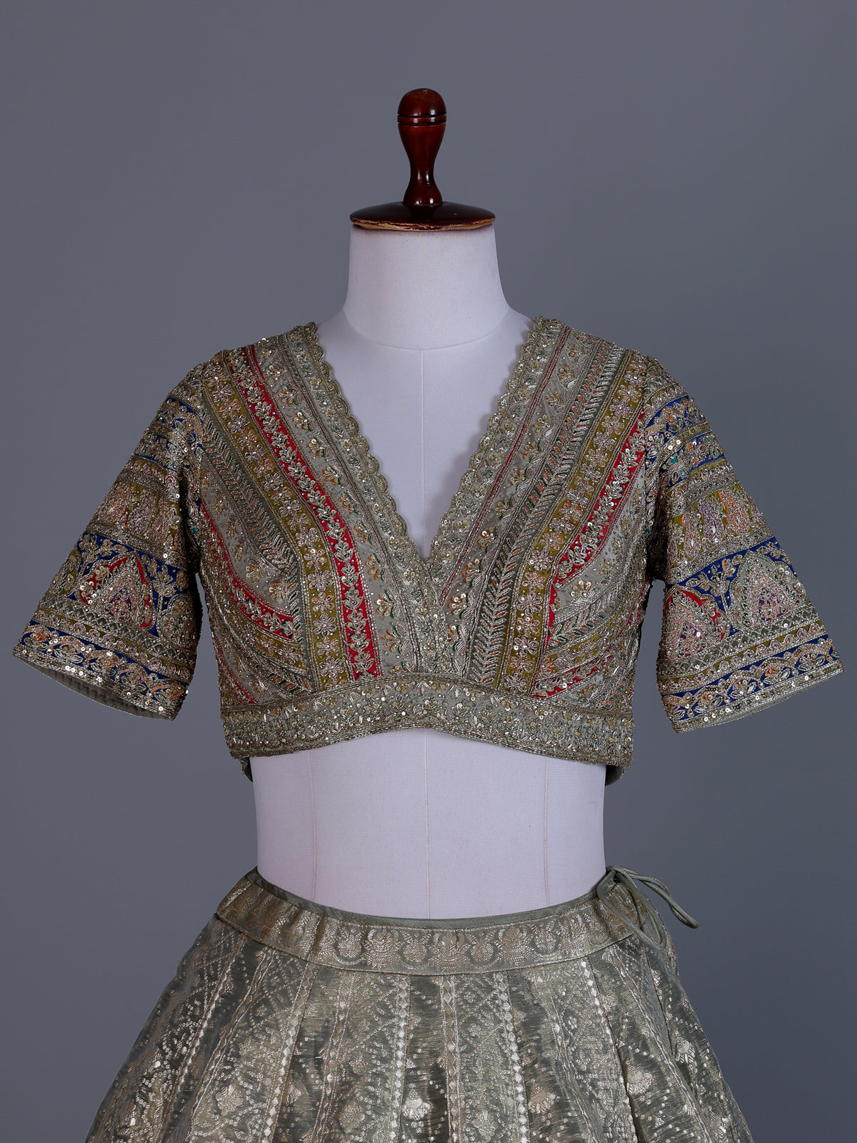 Pastel grey banarasi silk embellished lehenga choli