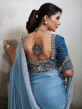 Sky blue satin saree with embroidered border