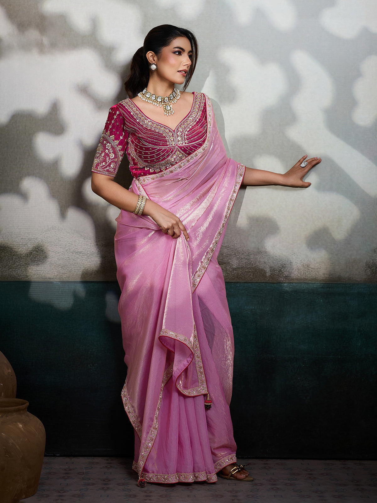 Pink satin saree with embellished magenta blouse