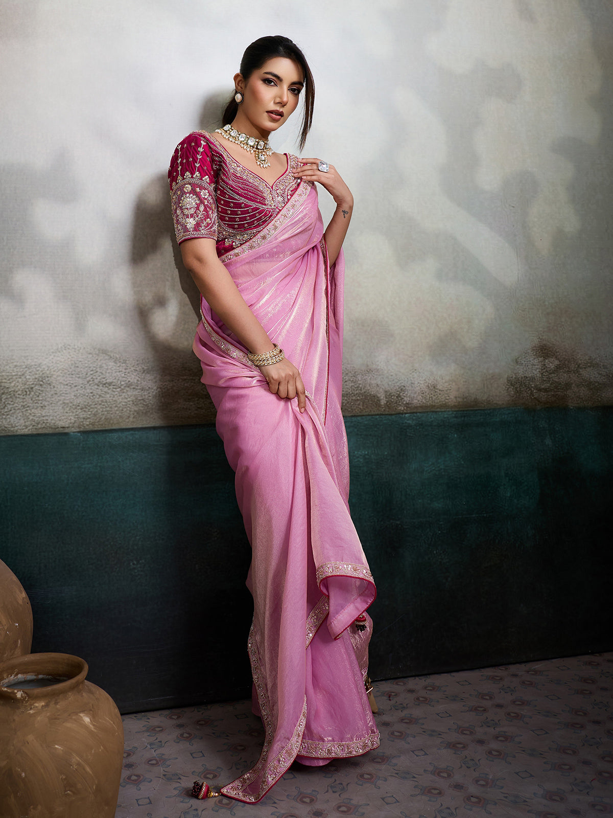 Pink satin saree with embellished magenta blouse