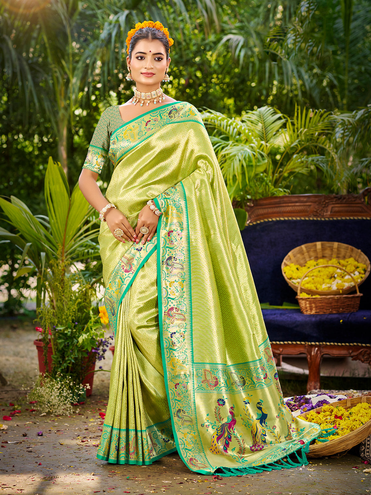 Graceful pastel green meenakari zari kanchan silk saree