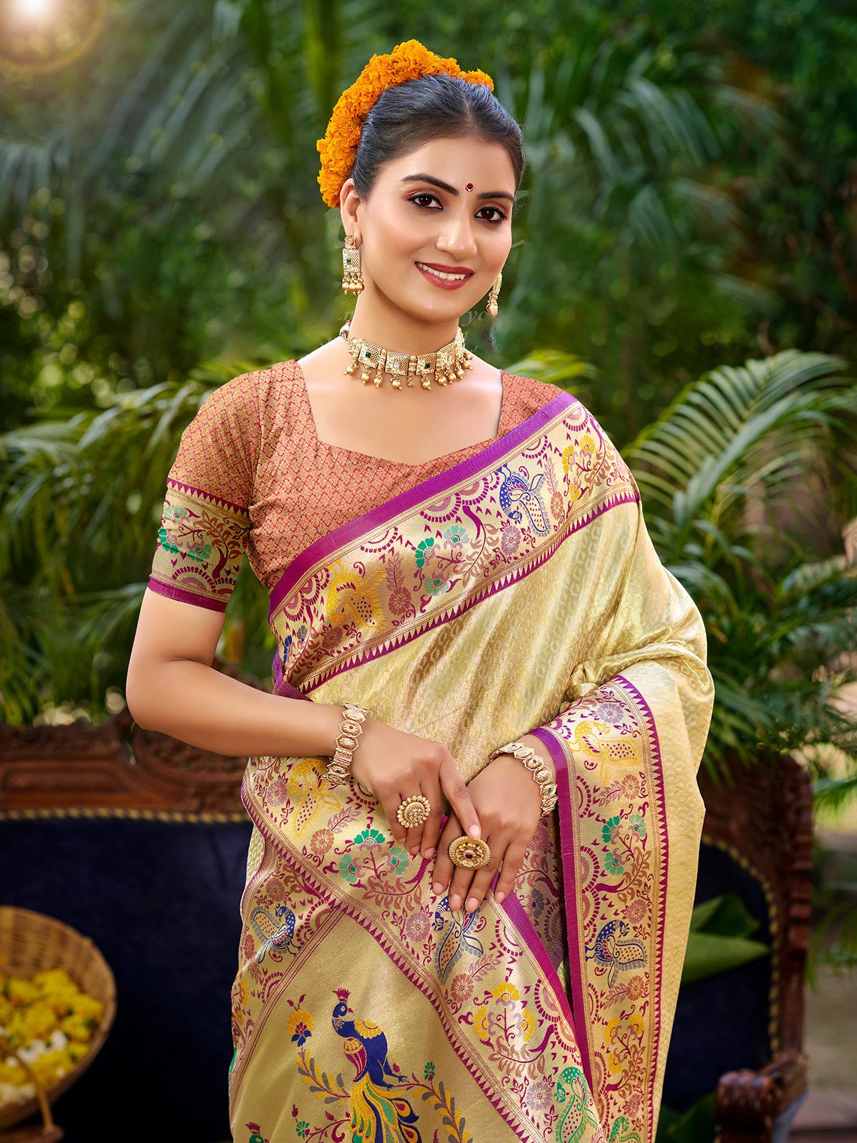 Timeless pastel beige meenakari zari kanchan silk saree