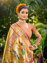 Radiant pastel yellow meenakari zari kanchan silk saree