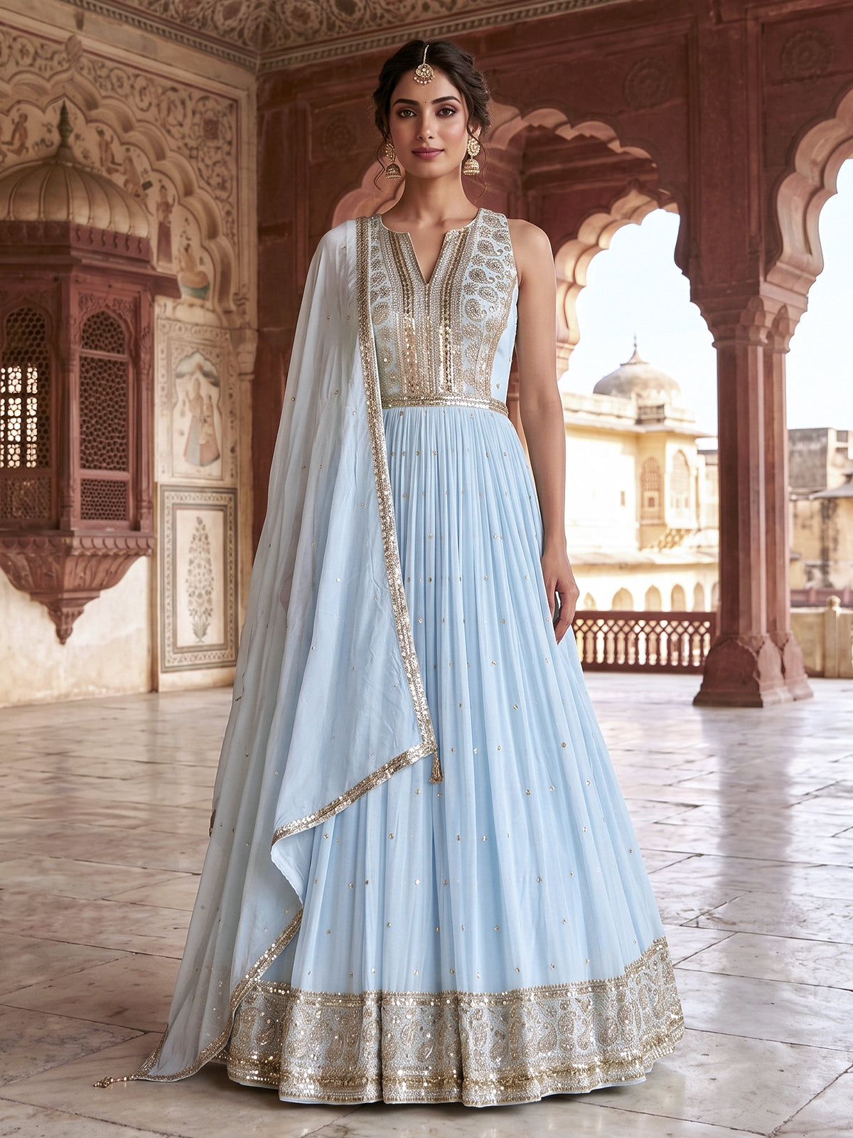 Sky blue georgette anarkali suit with elegant dupatta