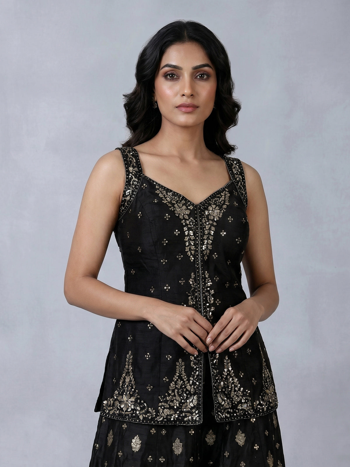 Black silk palazzo suit with elegant embellishments