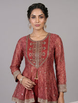 Maroon silk embroidered palazzo suit with printed dupatta