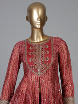 Maroon silk embroidered palazzo suit with printed dupatta