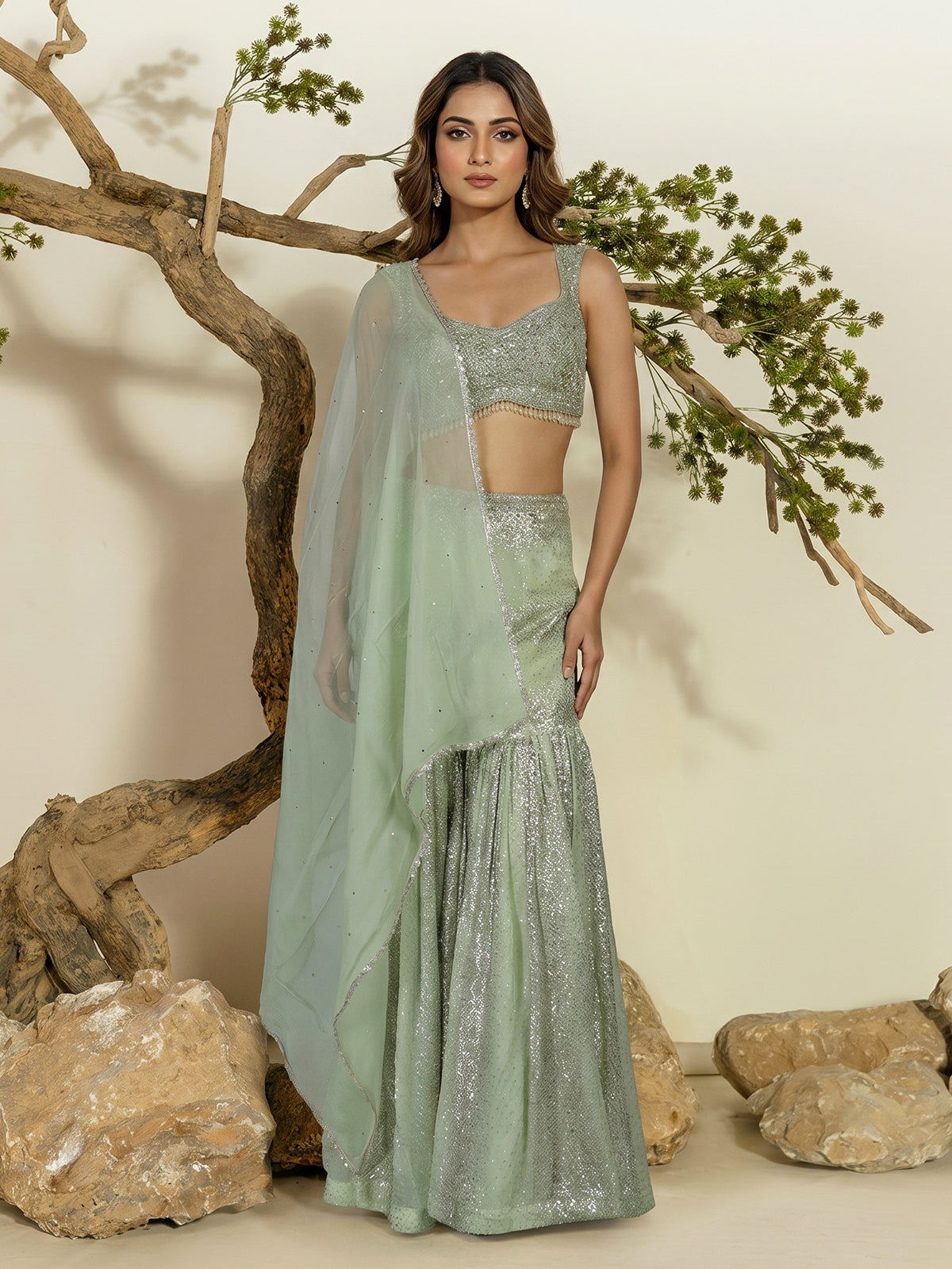Pista green georgette designer sharara suit elegance