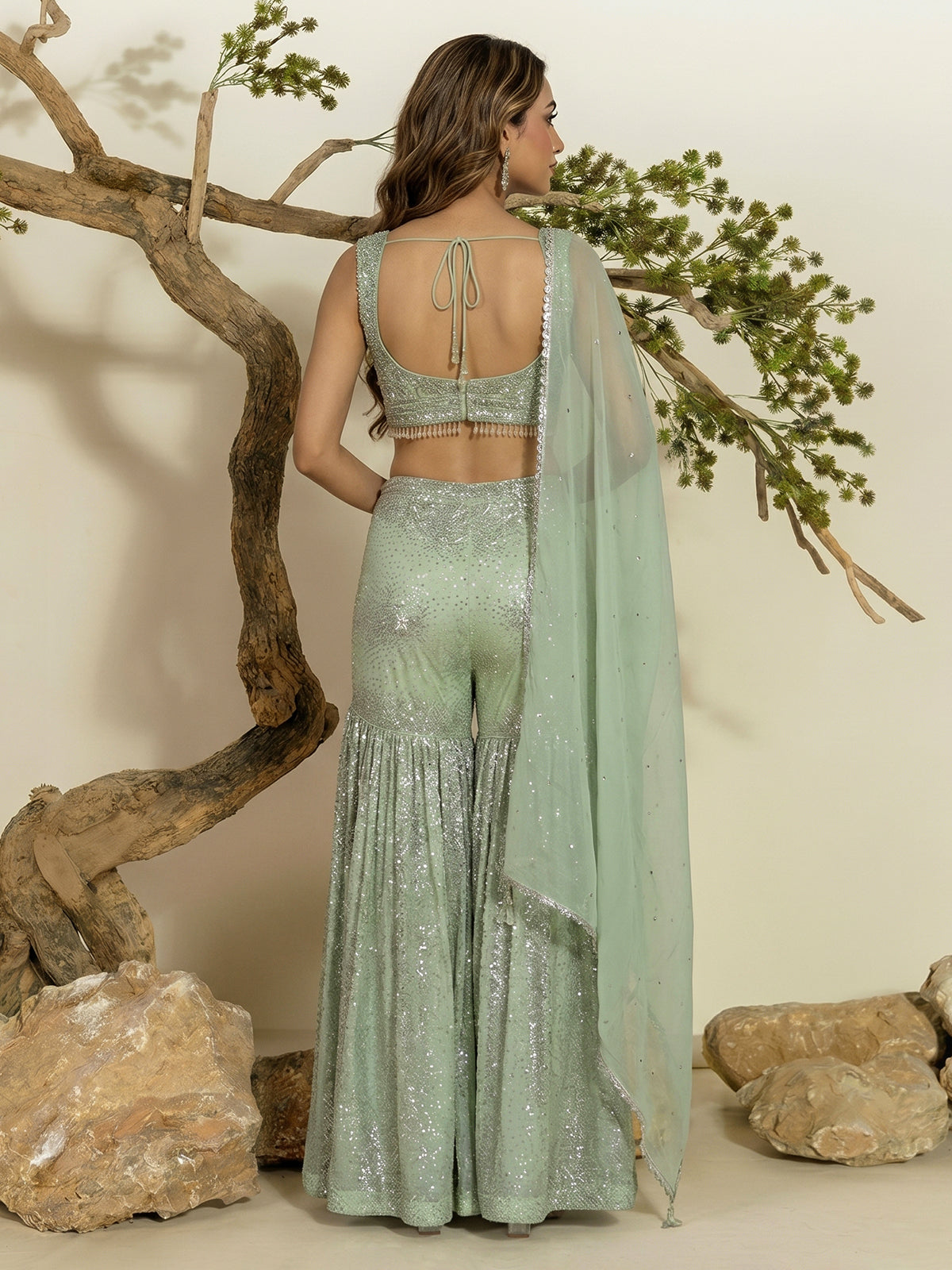 Pista green georgette designer sharara suit elegance