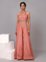 Peach silk designer halter neck festive jumpsuit