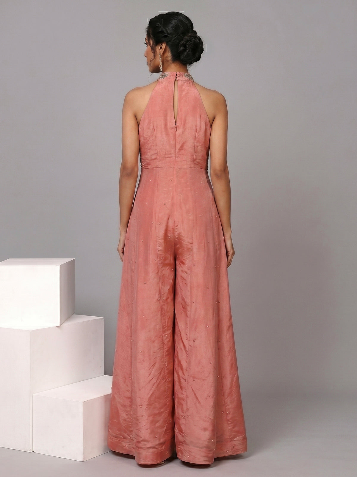 Peach silk designer halter neck festive jumpsuit