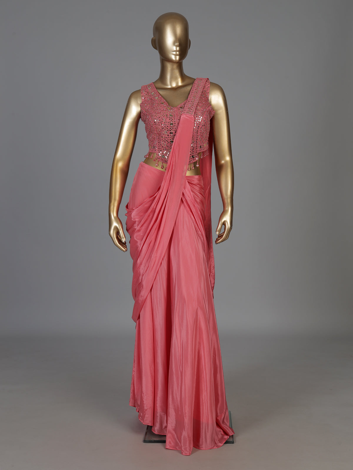 Pink satin silk designer ready to wear saree elegance