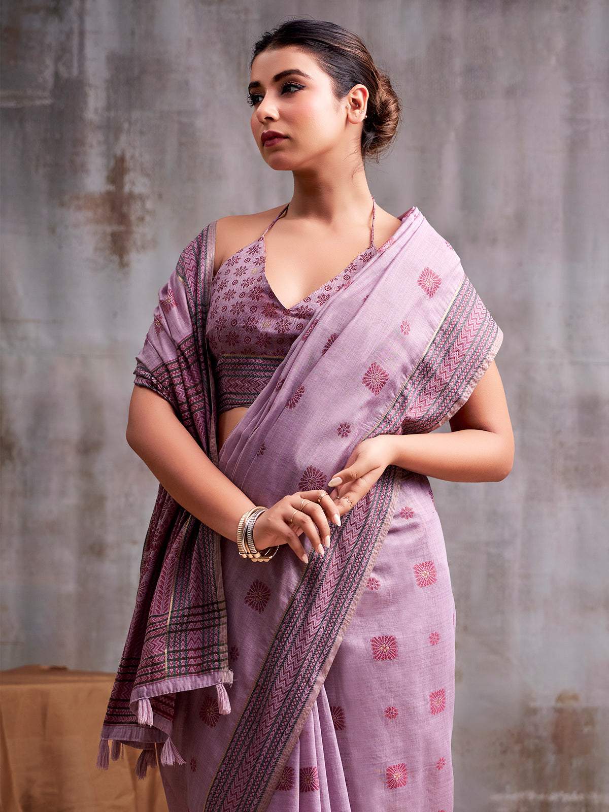 Royal purple folk art modal cotton saree