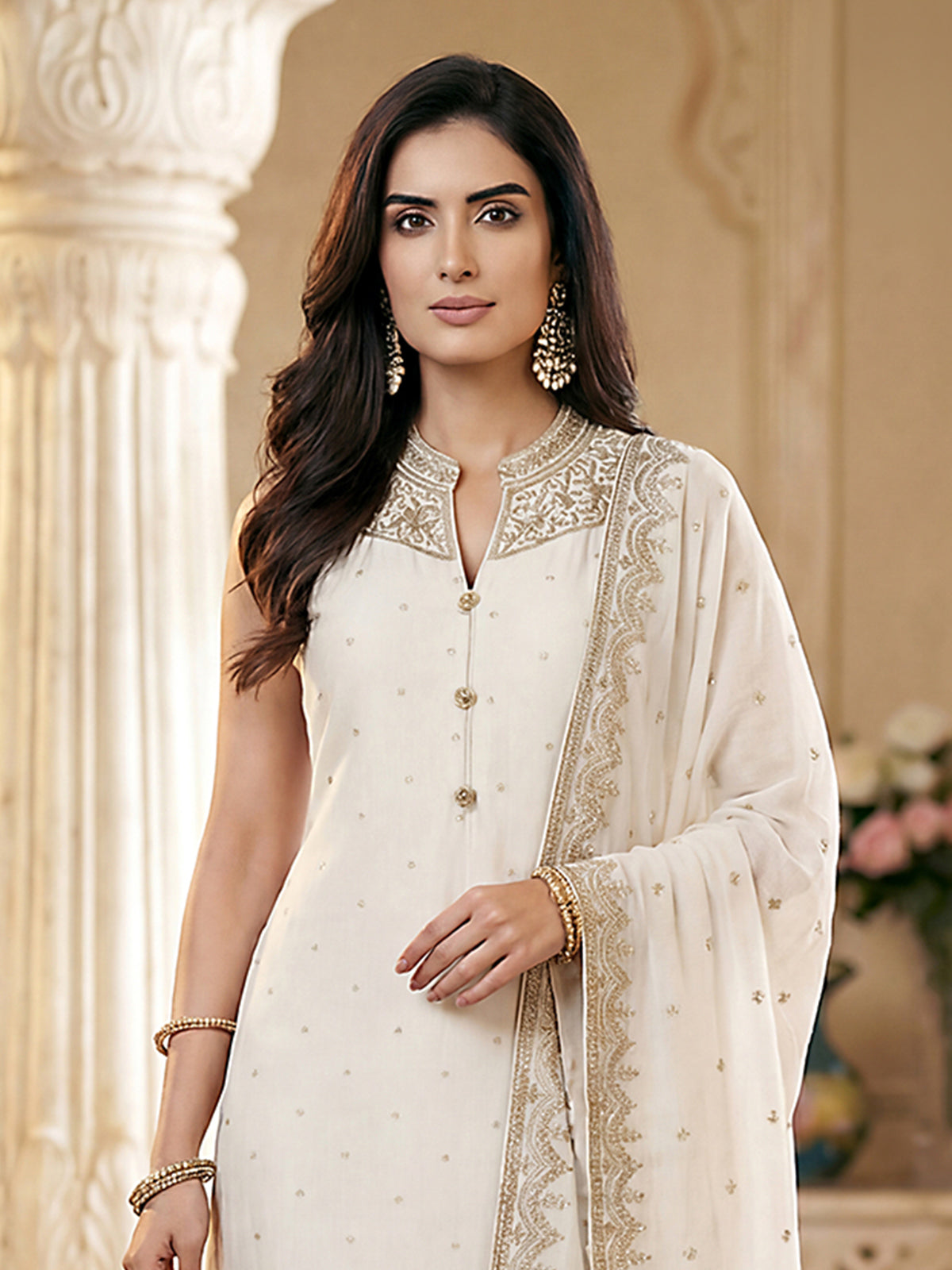 Royal off white embroidered chanderi silk salwar suit