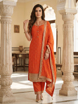 Orange sleeveless chanderi silk modern ethnic salwar suit