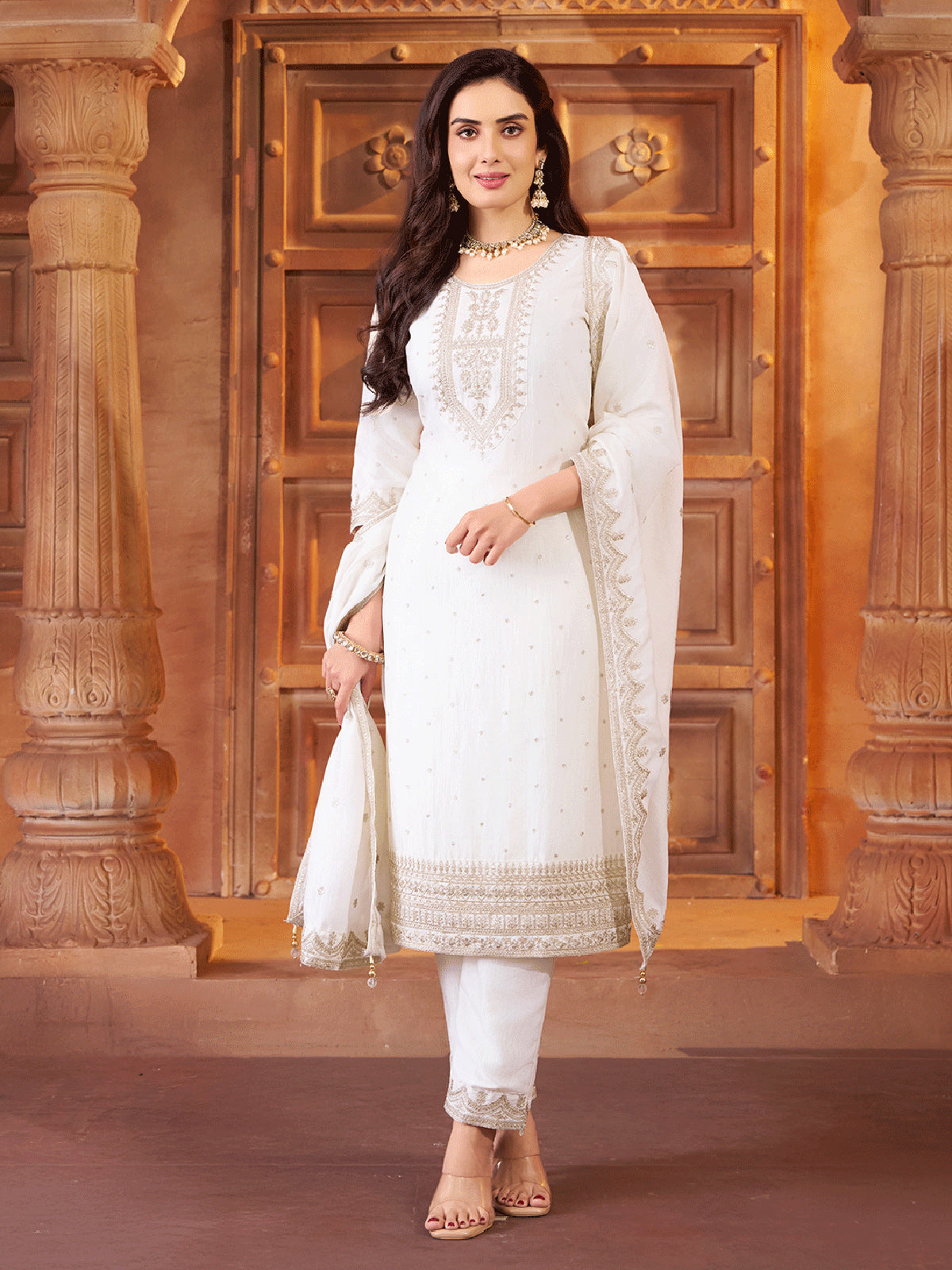 Cream chanderi silk elegant celebration wear