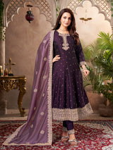 Purple chinon silk regal embellished festive anarkali suit