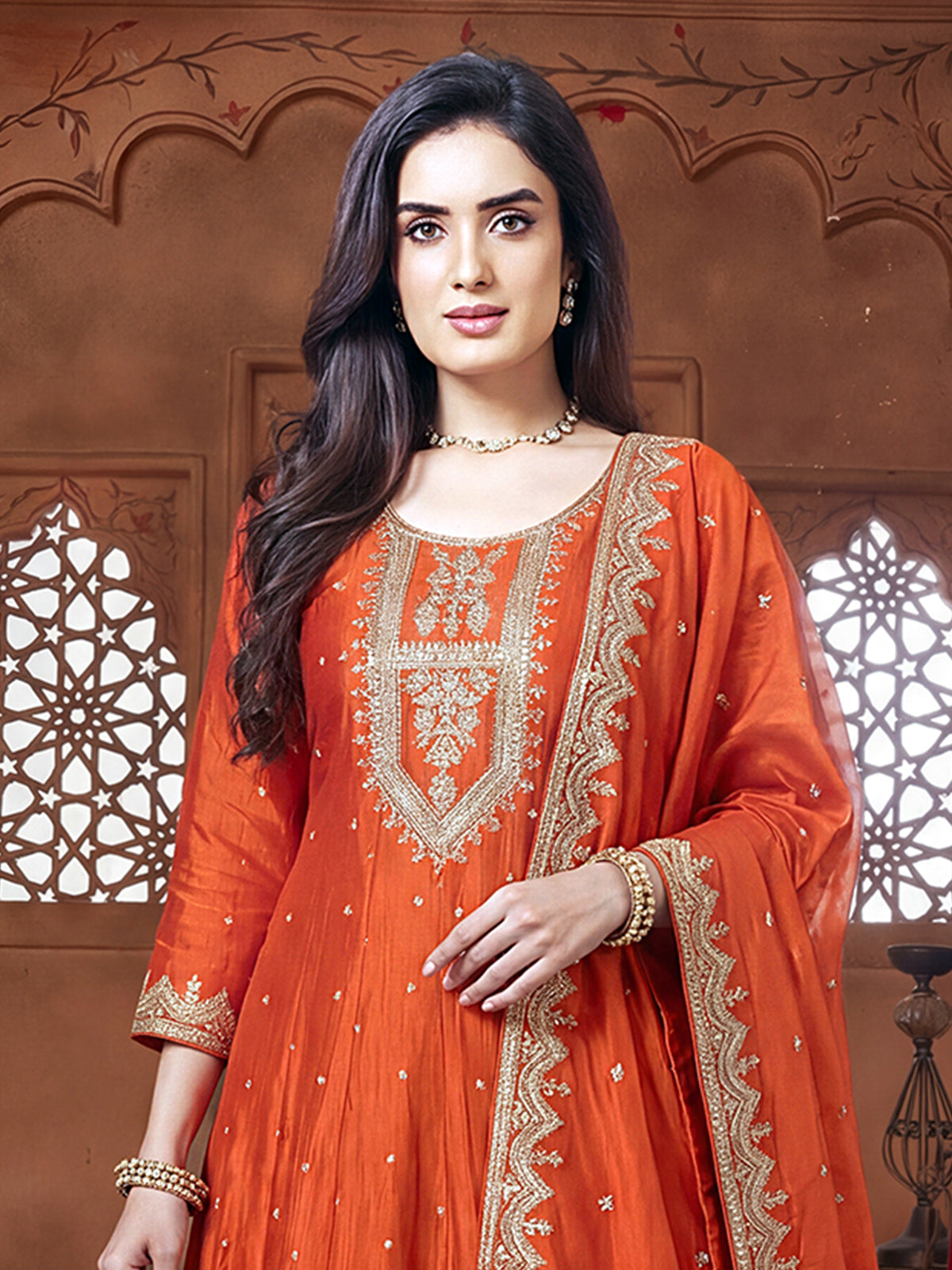 Orange chanderi silk festive embroidered traditional anarkali suit
