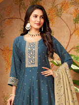 Teal blue slub silk elegant embroidered anarkali suit