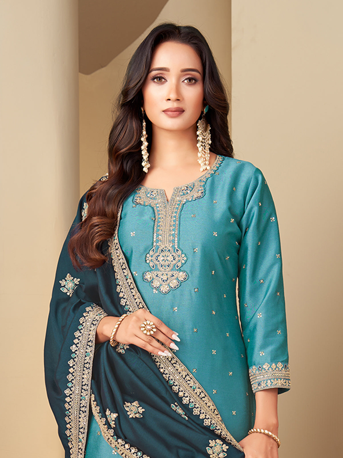 Sky blue silk elegant embroidered straight cut salwar suit