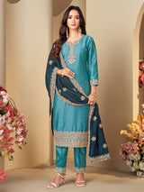 Sky blue silk elegant embroidered straight cut salwar suit