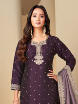 Purple silk royal embroidered straight cut salwar suit