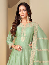 Pista green slub silk elegant embroidered anarkali suit