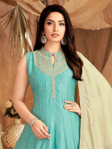 Mint blue slub silk elegant flared anarkali suit