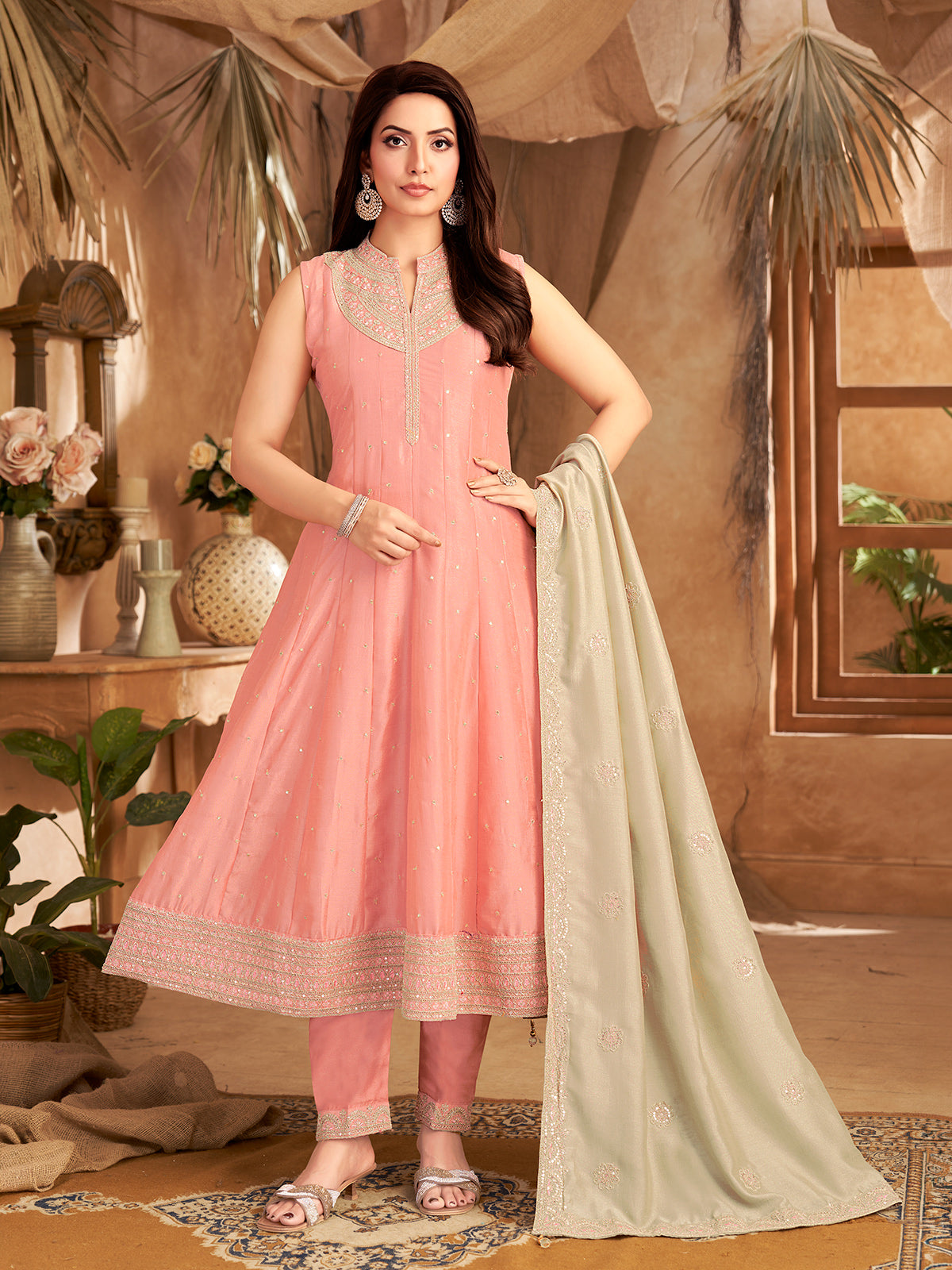 Light pink slub silk sleeveless festive anarkali suit