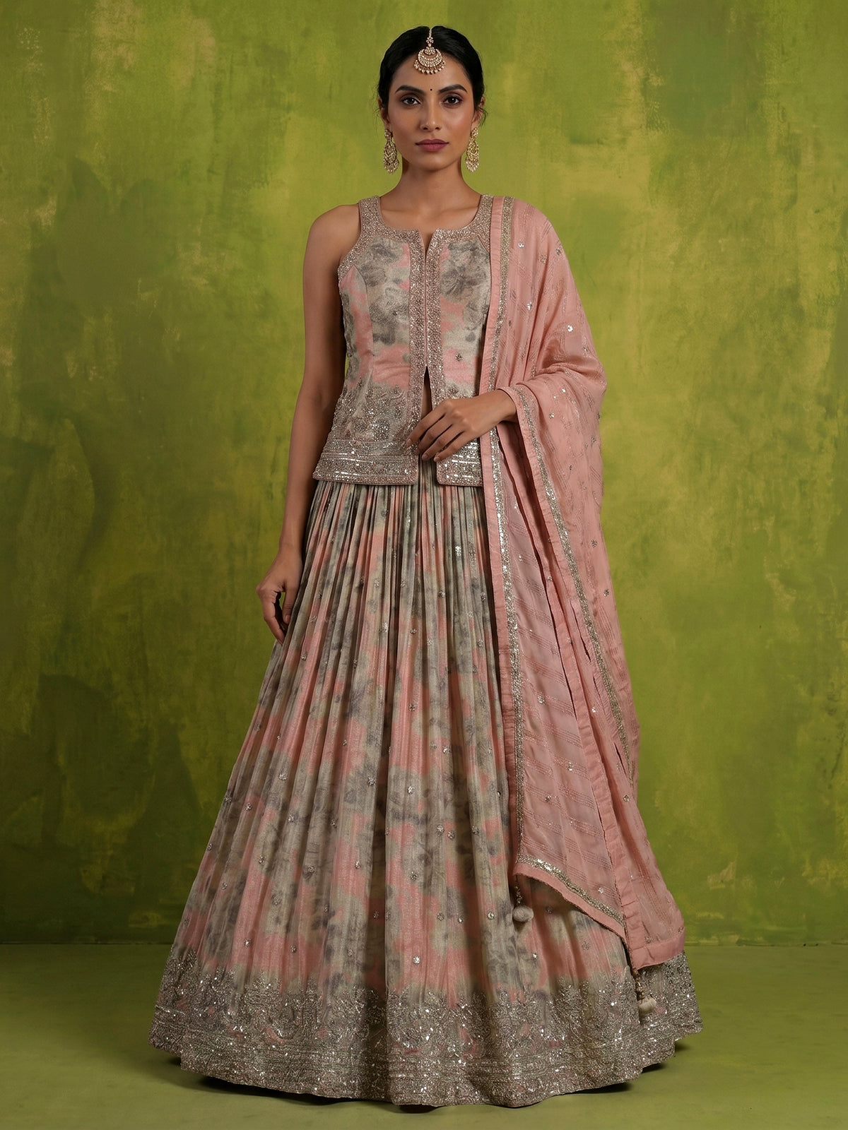 Peach dreamy pleated festive lehenga statement attire