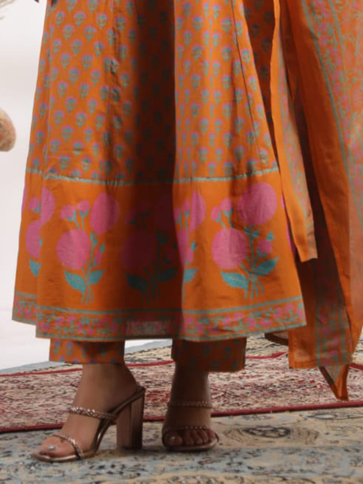 Orange anarkali kurti set with aabla embellishments design