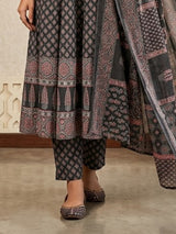 Charcoal grey printed kurti set with dupatta design