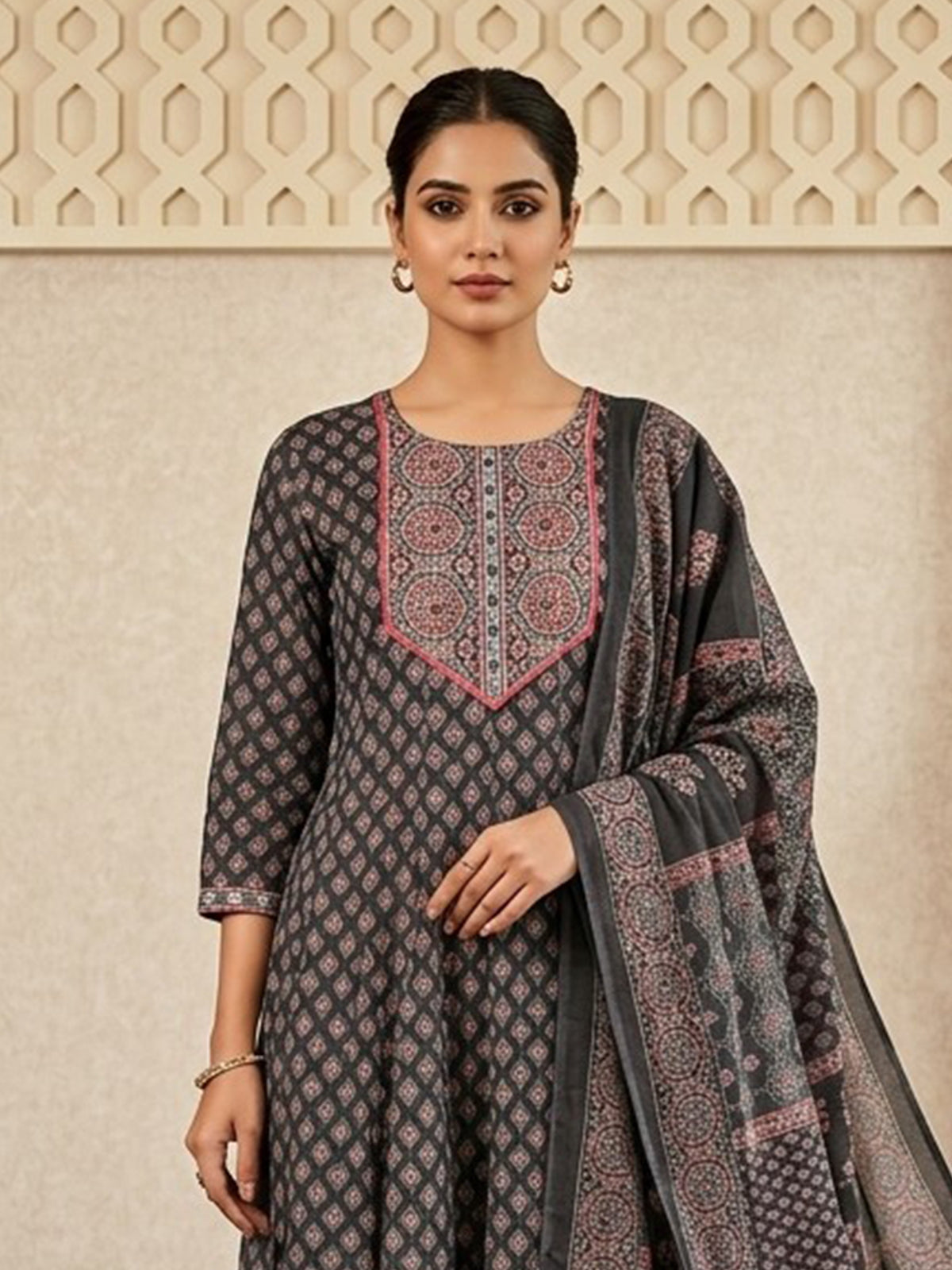 Charcoal grey printed kurti set with dupatta design