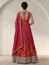 Rani pink floral printed silk anarkali suit with dupatta