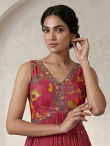 Rani pink floral printed silk anarkali suit with dupatta