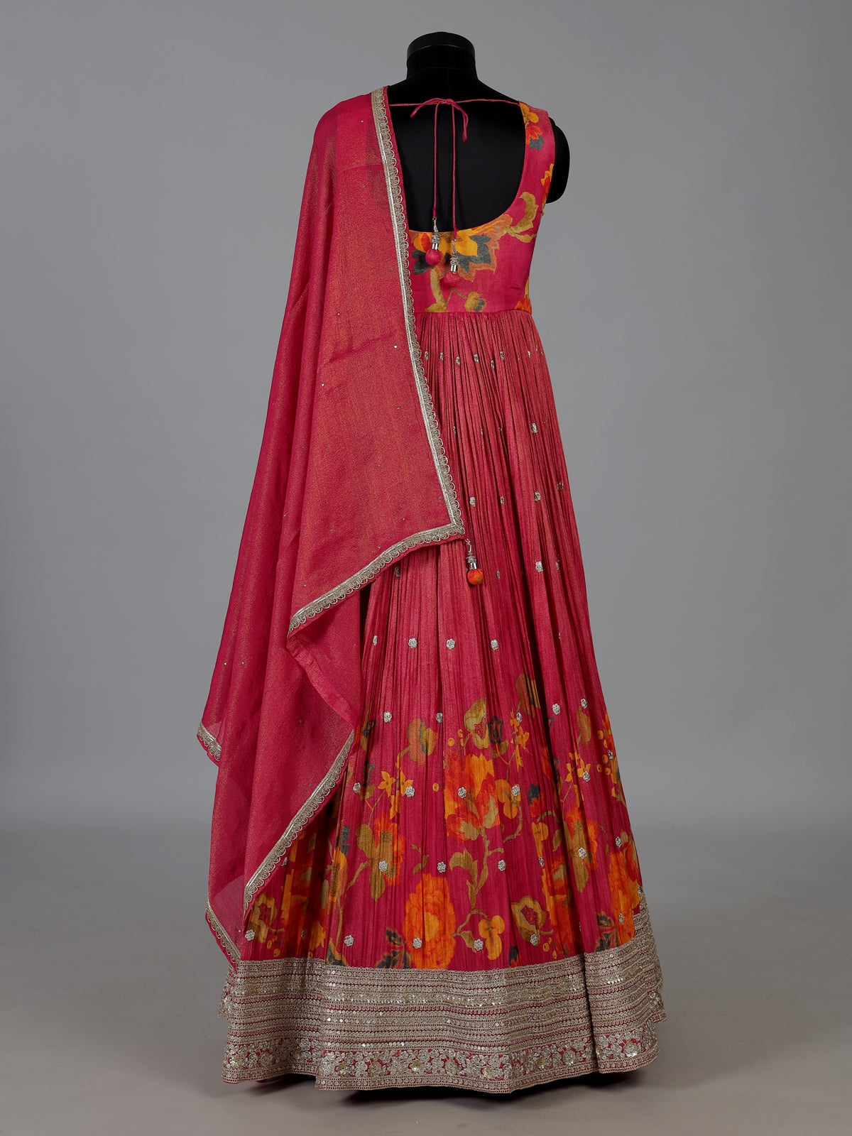 Rani pink floral printed silk anarkali suit with dupatta