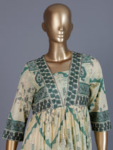 Cream and green floral printed cotton casual kurti