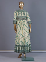 Cream and green floral printed cotton casual kurti