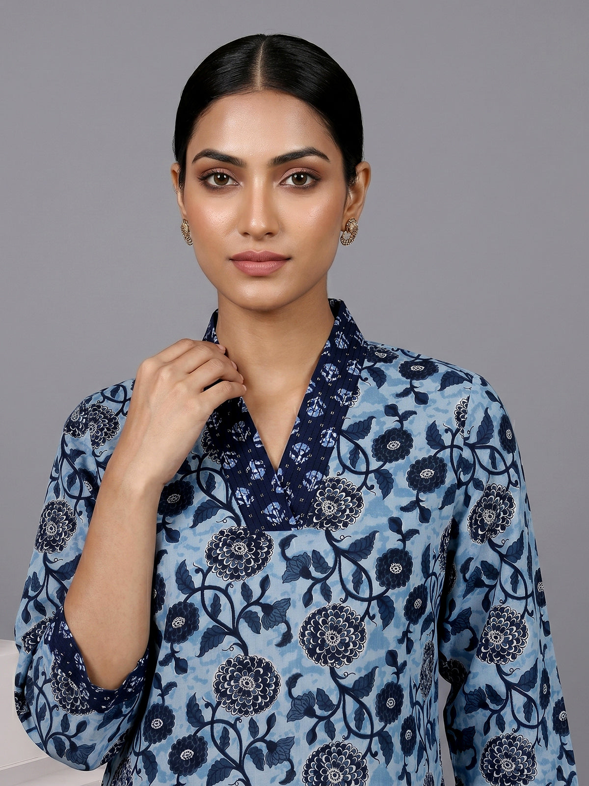 Blue floral printed silk casual kurti with V neck