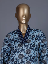 Blue floral printed silk casual kurti with V neck